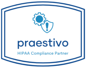 praestivo_ A blue outlined badge with a gear and shield icon above the word praestivo and the text HIPAA Compliance Partner beneath it.