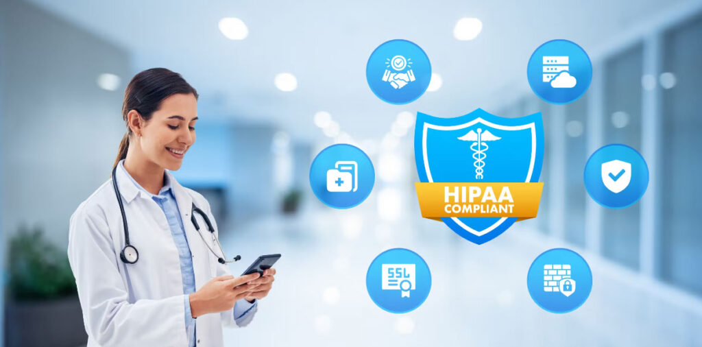 praestivo_ A blue shield with a caduceus symbol and HIPAA COMPLIANT text is surrounded by six blue circles showing icons for health, security, cloud storage, SSL, a firewall, and a check mark. The background is a blurred office.