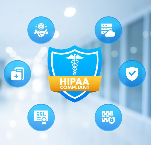 praestivo_ A blue shield with a medical symbol and a HIPAA Compliant banner is surrounded by six icons: handshake, cloud server, shield checkmark, padlock, SSL certificate, and medical folder, all on a blurred hospital background.