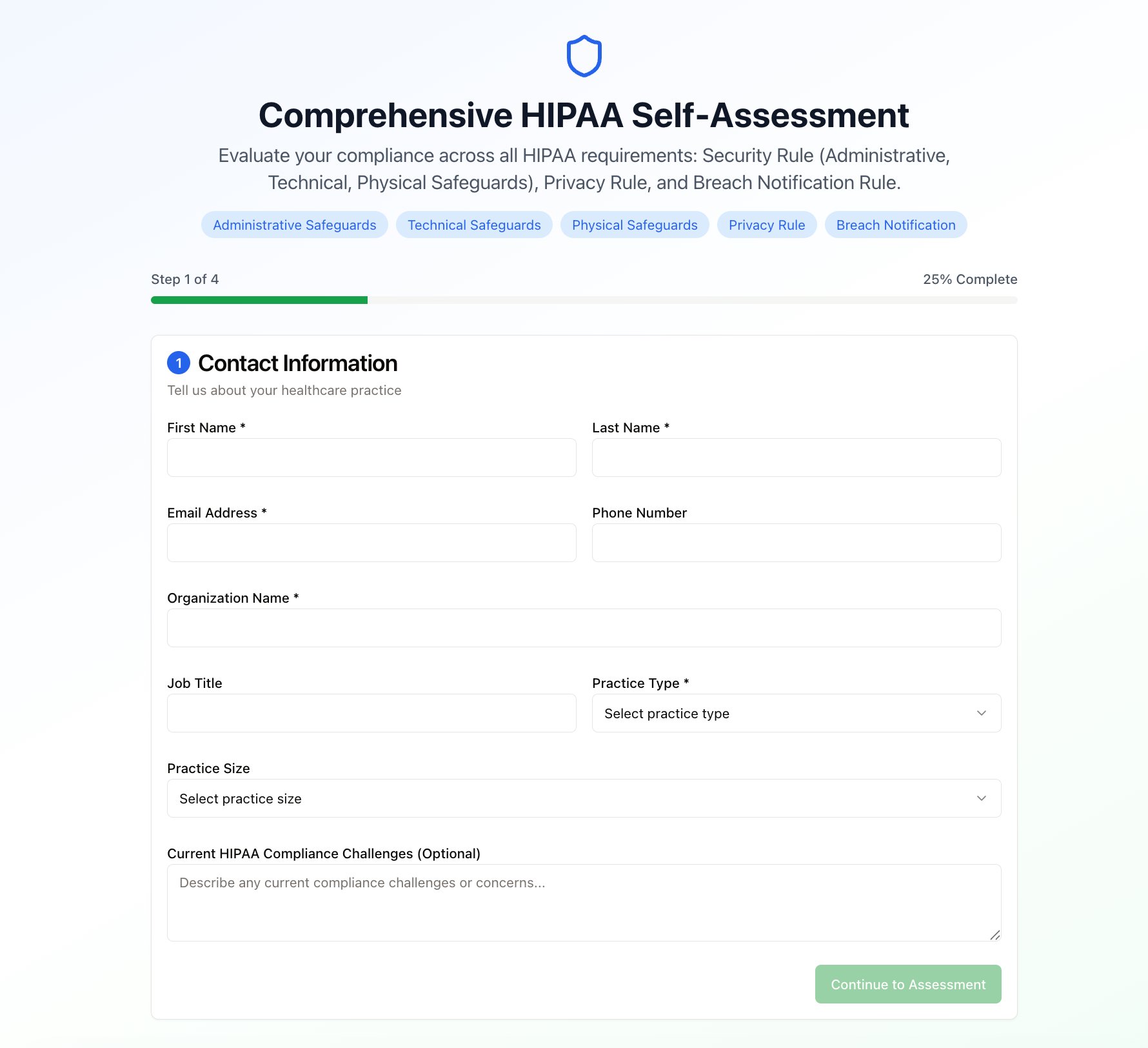 praestivo_ A web page titled Comprehensive HIPAA Self-Assessment displays a form requesting contact and practice details, including name, email, phone, organization, job title, practice type, and current HIPAA compliance challenges.