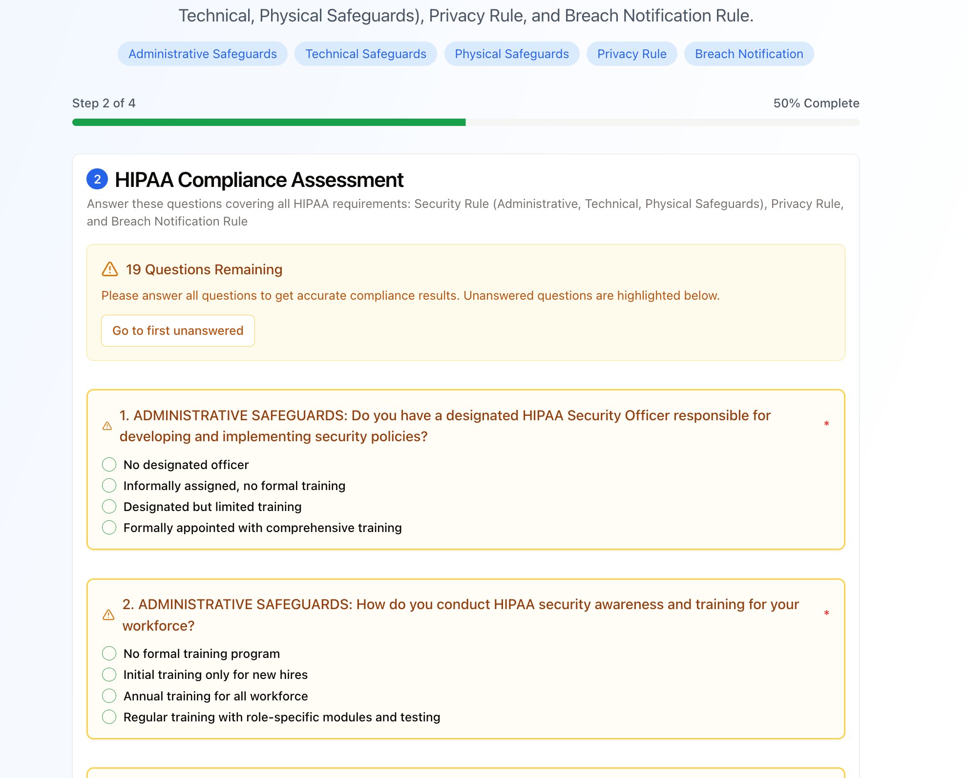 praestivo_ A HIPAA compliance assessment form on a computer screen shows multiple-choice questions about administrative safeguards and HIPAA security awareness training, with progress at 50% complete and 19 questions remaining.
