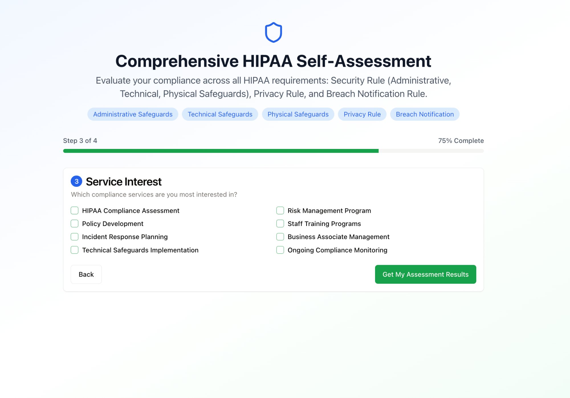 praestivo_ A HIPAA self-assessment form displays progress at 75% complete. Step 3 of 4 asks users to select service interests, with options like HIPAA compliance, risk management, and staff training. A green button is labeled “Get My Assessment Results.”.