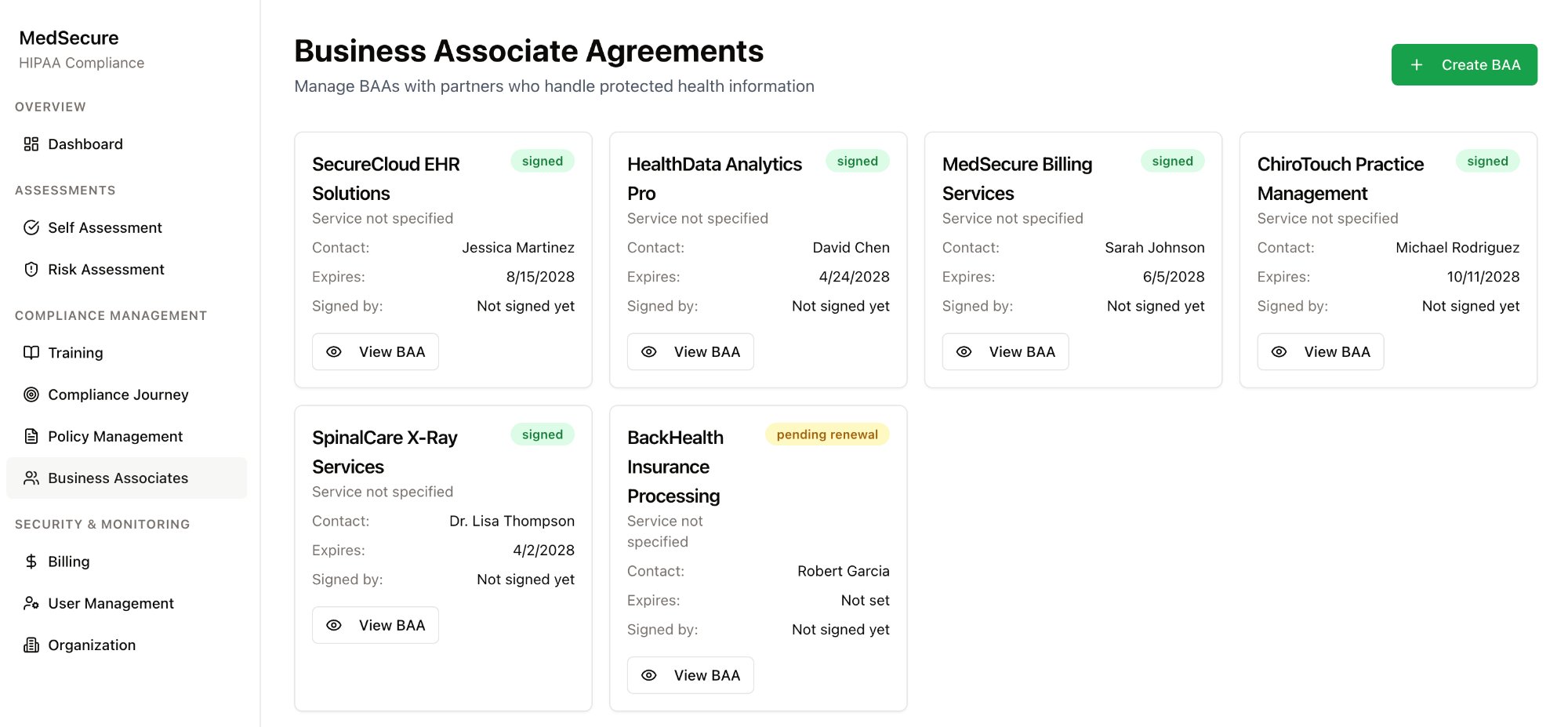 praestivo_ A dashboard displays eight business associate agreements, each in a card showing company name, contact person, date, BAA status, and buttons to view or sign the agreement. A green Create BAA button is at the top right.