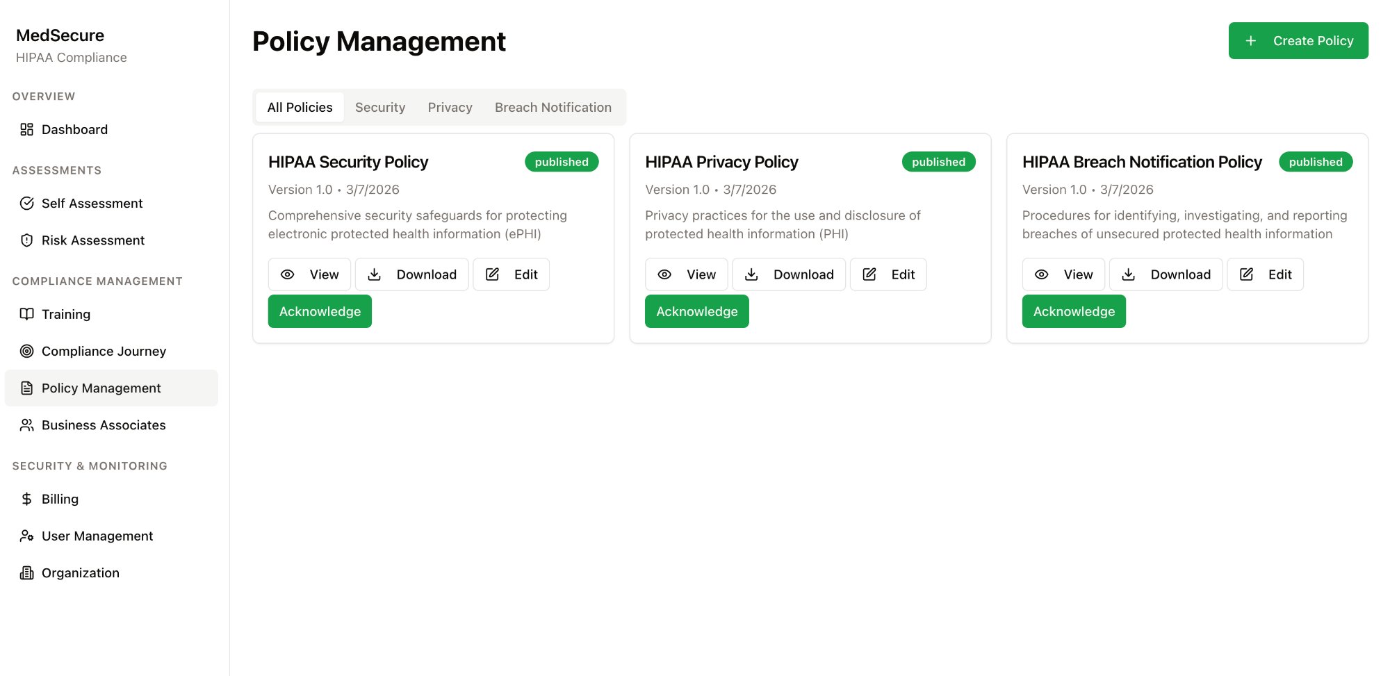 praestivo_ A Policy Management dashboard shows three published policies: HIPAA Security Policy, HIPAA Privacy Policy, and HIPAA Breach Notification Policy, each with options to view, download, edit, and acknowledge. A green Create Policy button is top right.
