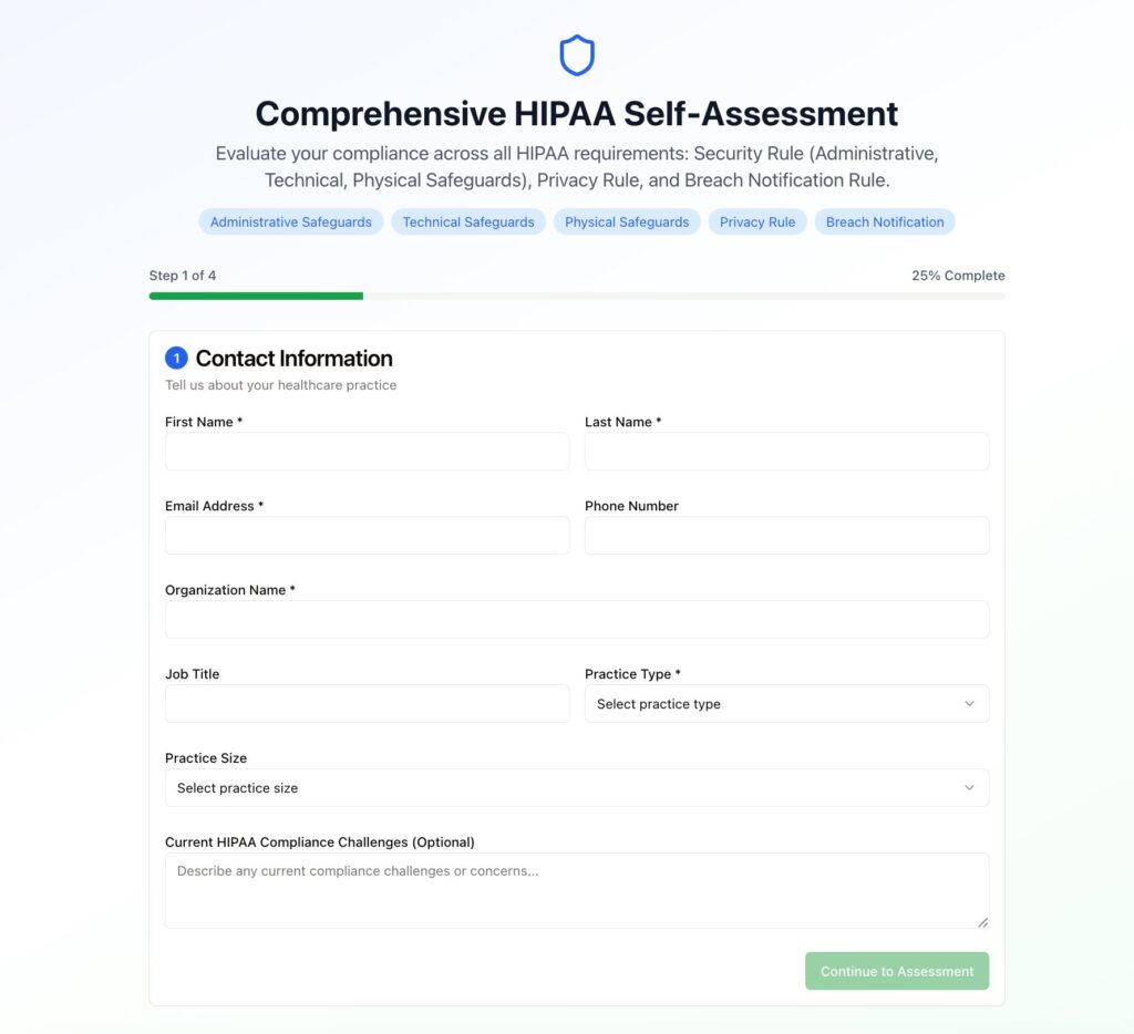 Praestivo_ A web form titled Comprehensive HIPAA Self-Assessment asks for contact and practice details, including name, email, phone, organization, job title, practice type, size, and current HIPAA compliance challenges.