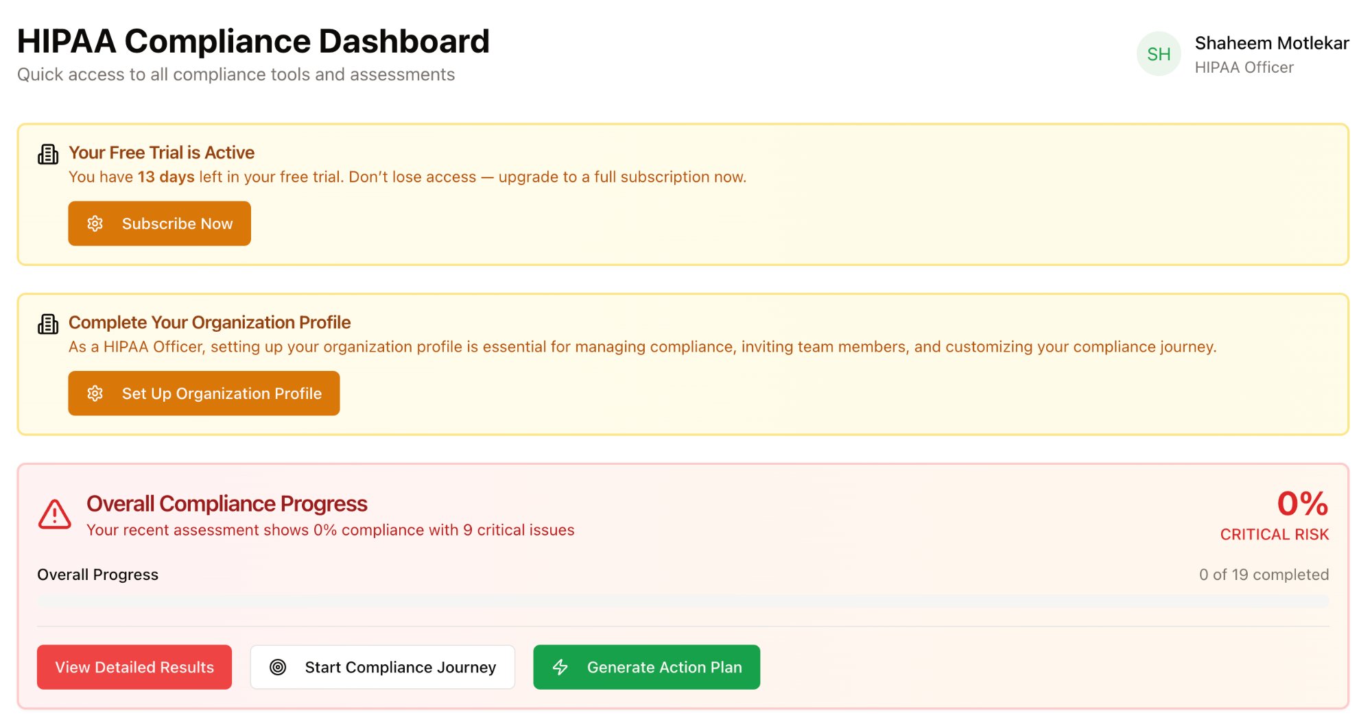 praestivo_ A HIPAA Compliance Dashboard displays alerts for an active free trial, incomplete organization profile, and 0% overall compliance progress with 9 critical issues. Options include starting compliance, generating an action plan, or upgrading.